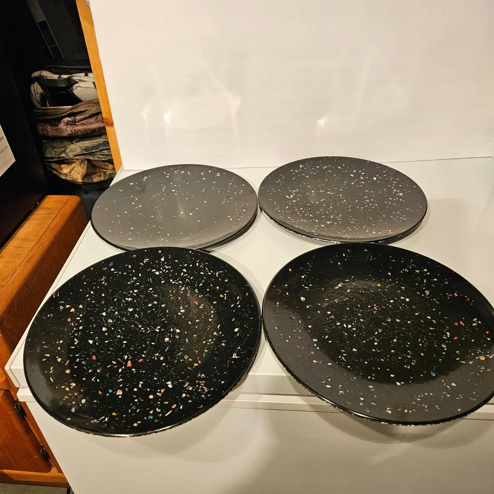 Zak Designs Confetti Black Melamine Plate Set of 4 Recycled‎ 04229-1 Retro *